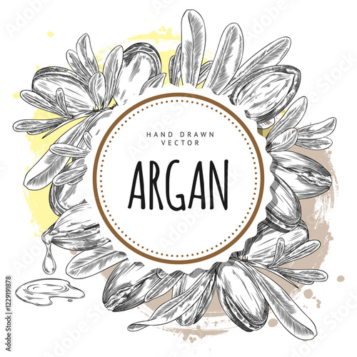 Black and white illustration of round frame with argan leaves and fruits.