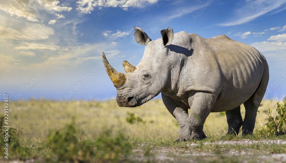 Fototapeta premium AI generated, animal, animals, mammal, mammals, biotope, habitat, one, individual, foraging, wildlife, rhinoceros, white rhinoceros (Ceratotherium simum), white-lipped rhinoceros, white rhino