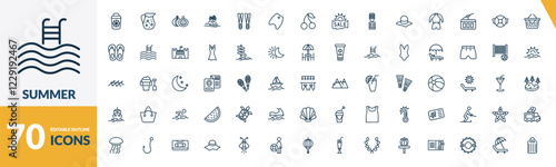 outline summer icons set. editable linear sangria, fig, island, and other 67 icons in this category isolated on transparent background.
