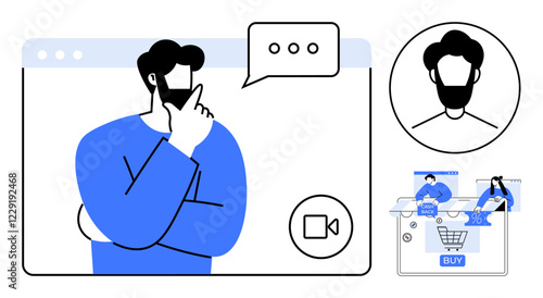 Man thinking during video call, speech bubble, profile icon, and e-commerce shopping cart symbols. Ideal for digital communication, online shopping, tech tutorials, virtual meetings, customer