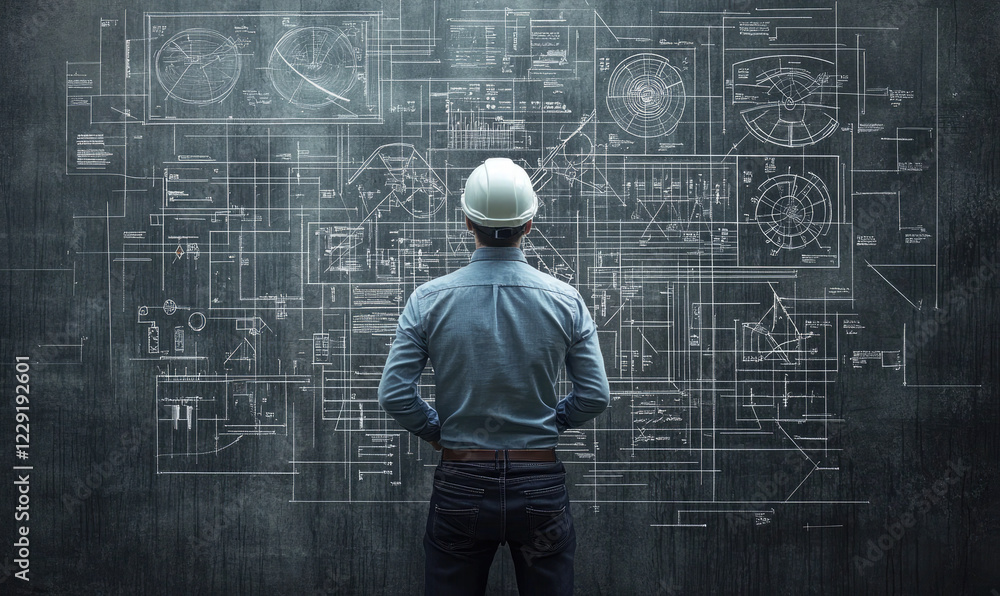 Engineer Analyzing Technical Drawings on Chalkboard Engineer Analyzing Technical Drawings on Chalkboard