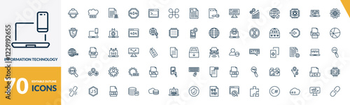 outline information technology icons set. editable linear seo cloud, bug report, error 404, and other 67 icons in this category isolated on transparent background.