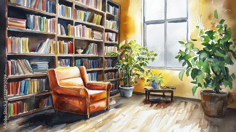 Cozy Reading Nook with Bookshelves and Lush Green Plants Cozy Reading Nook with Bookshelves and Lush Green Plants