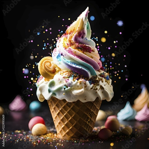 Whimsical unicorn ice cream sundae with rainbow swirls edible glitter and a golden horn, AI generated photo