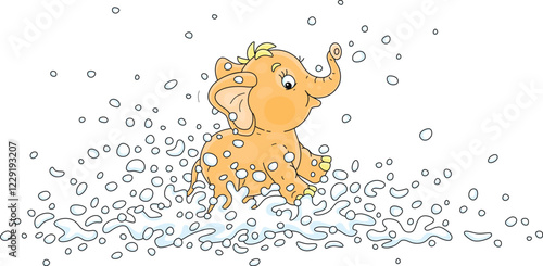 Cute baby elephant merrily playing and splashing in water, vector cartoon illustration on a white background