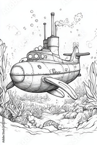 Steampunk Submarine in the Depths of the Ocean . Children coloring page photo