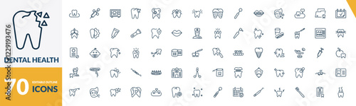 outline dental health icons set. editable linear dental needle, radiograph, holed tooth, and other 67 icons in this category isolated on transparent background.
