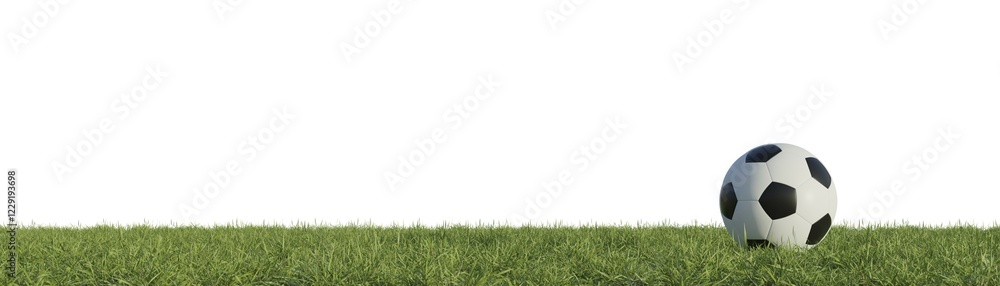 Fototapeta premium Soccer ball on grass panorama background with space for your text, photo realistic 3d rendering