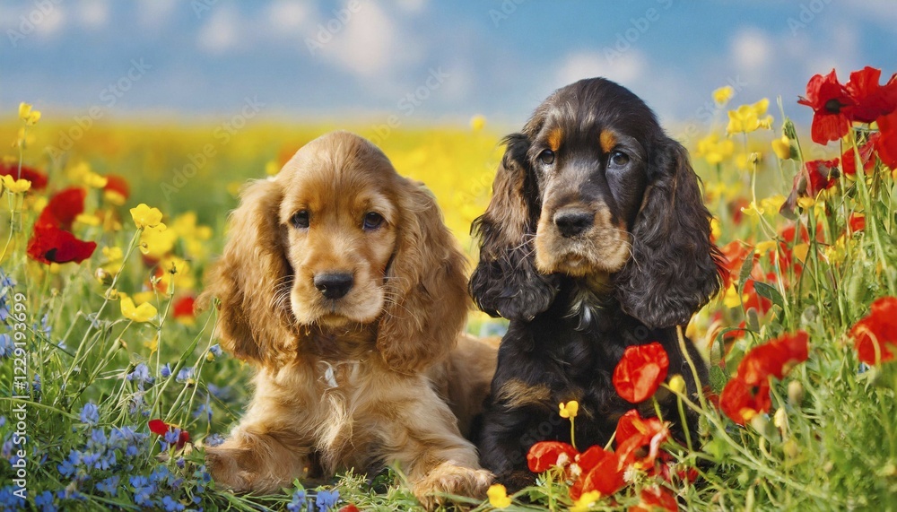 KI generated, animal, animals, mammal, mammals, one, single animal, English Cocker Spaniel, (Canis lupus familiaris), dog, dogs, bitch, hunting dog, dog breed from England, two animals, bitch and a puppy KI generated, animal, animals, mammal, mammals, one, single animal, English Cocker Spaniel, (Canis lupus familiaris), dog, dogs, bitch, hunting dog, dog breed from England, two animals, bitch and a puppy