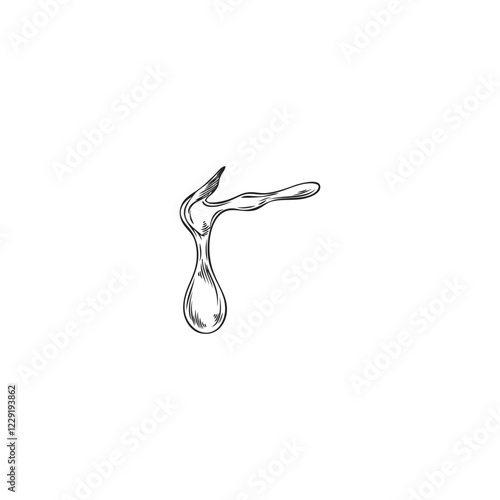 Oil drop falling engraved sketch, vector ink liquid oil, natural dripping argan essence, hand drawn honey or fuel fluid