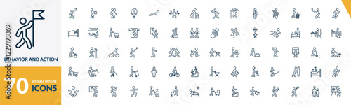 outline behavior and action icons set. editable linear stick man with box, man spraying deodorant, rope jumping, and other 67 icons in this category isolated on transparent background.