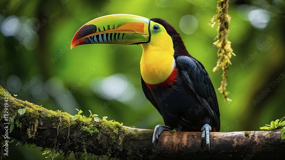 Obraz premium Vibrant toucan perched on a gnarled branch in a dense rainforest, AI generated