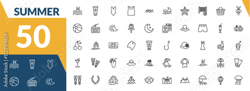 outline summer icons set. editable linear sun cream, swimsuit, sleeveless, and other 47 icons in this category isolated on transparent background.