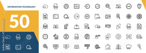 outline information technology icons set. editable linear html, seo management, 404 error, and other 47 icons in this category isolated on transparent background.