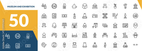 outline museum and exhibition icons set. editable linear no photo, archivist, cafe, and other 47 icons in this category isolated on transparent background.