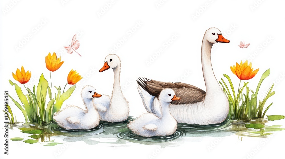 Obraz premium Charming Family of Ducks Swimming Among Flowers and Dragonflies