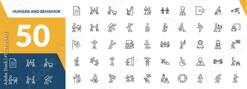 outline humans and behavior icons set. editable linear people trading, housewife shopping, mountain climb, and other 47 icons in this category isolated on transparent background.
