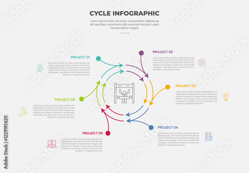 cycle base infographic outline style with 4 point template with circle arrow separation on circular base for slide presentation