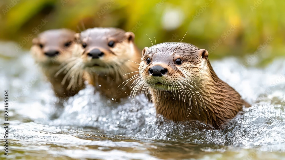 Fototapeta premium Playful Otters Swimming in a Clear Stream with Splashing Water