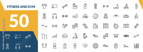 outline fitness and gym icons set. editable linear mat for fitness, resistance, fitness food, and other 47 icons in this category isolated on transparent background.