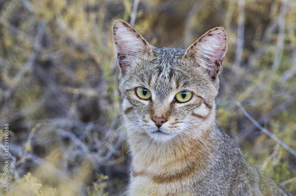 Naklejka premium African Wildcat (Felis silvestris lybica), animal portrait, Kalahari Desert, Kgalagadi Transfrontier Park, South Africa, Africa