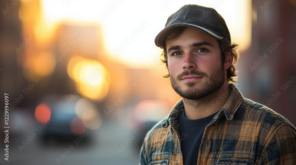 young man in plaid shirt and cap stands outdoors, illuminated by warm sunset light, creating relaxed urban atmosphere young man in plaid shirt and cap stands outdoors, illuminated by warm sunset light, creating relaxed urban atmosphere