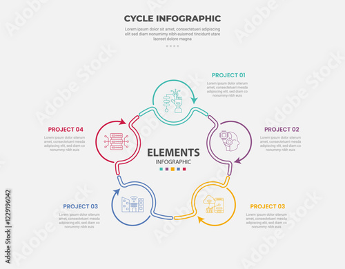 cycle base infographic outline style with 5 point template with creative connected circle line arrow for slide presentation