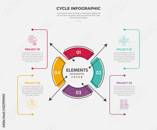cycle base infographic outline style with 4 point template with piechart circle with arrow line pointer description for slide presentation