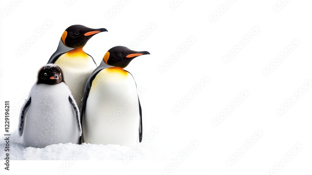 Fototapeta premium Three Adorable Penguins Standing Together in Snowy Environment
