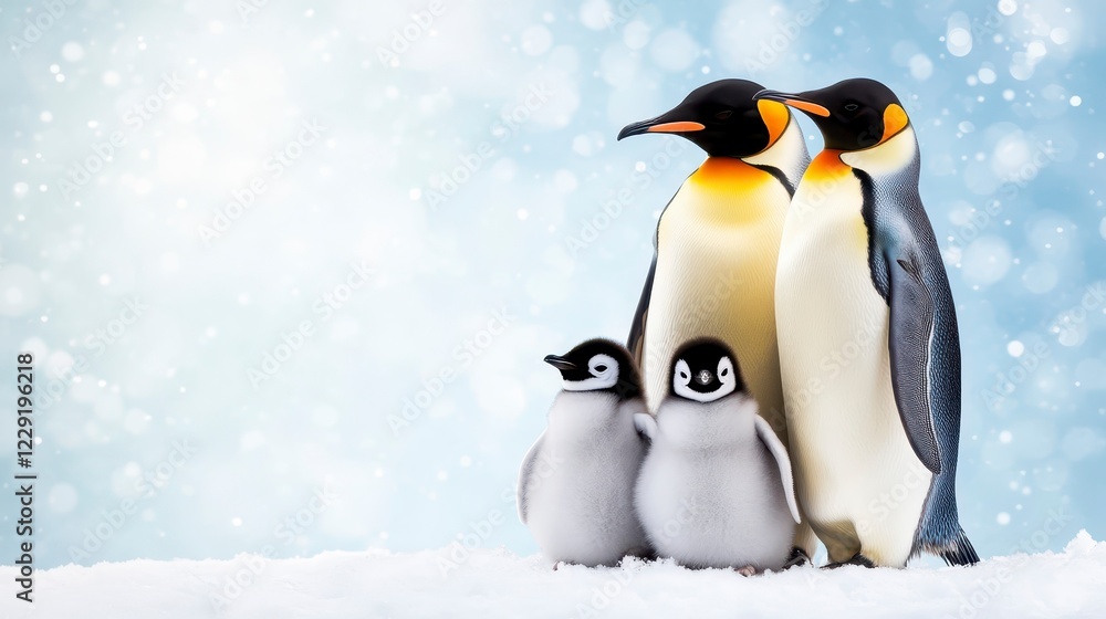Fototapeta premium Emperor penguin family with adorable chicks on snowy background