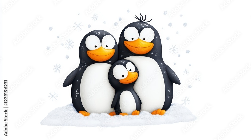 Obraz premium Cute Cartoon Family of Penguins in a Winter Wonderland Scene