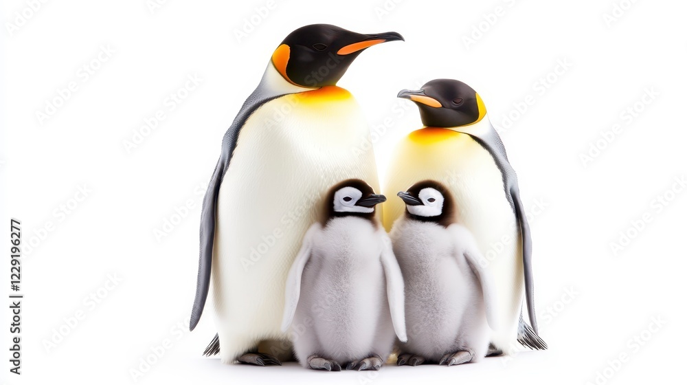 Fototapeta premium Adorable Emperor Penguins with Chicks on White Background