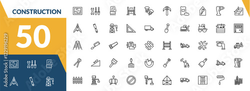 outline construction icons set. editable linear three tools, , road stopper, and other 47 icons in this category isolated on transparent background.