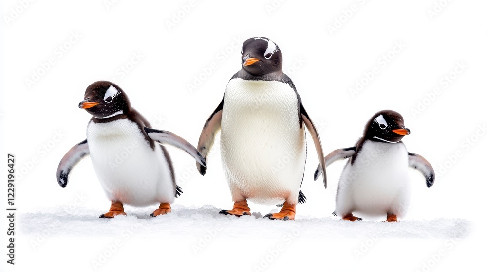 Fototapeta premium Three Cute Gentoo Penguins Standing Together on White Snow