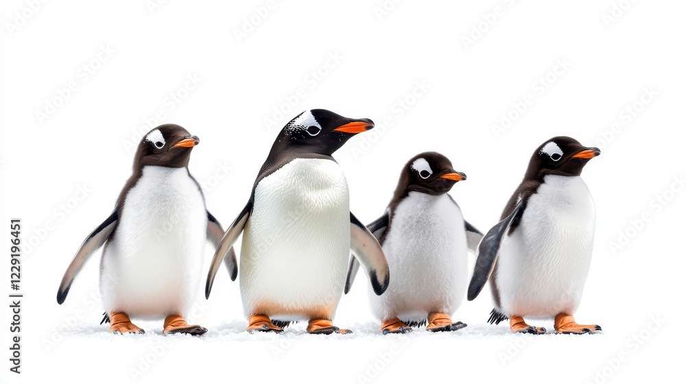 Fototapeta premium Adorable Group of Four Penguins Standing Together on White Background