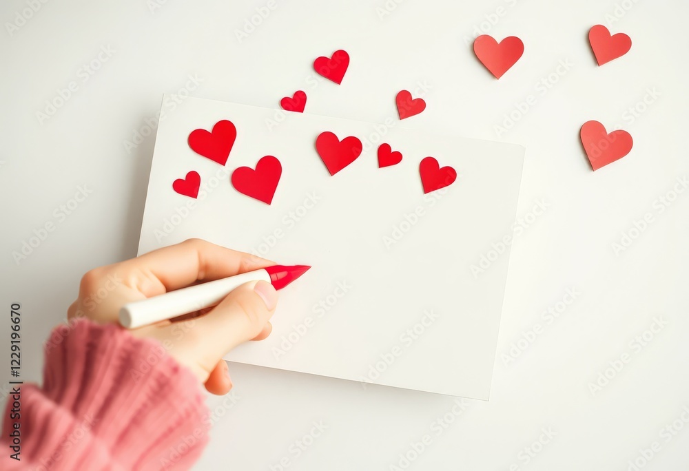 Hand writing message on a blank white card with red heart decorations Hand writing message on a blank white card with red heart decorations