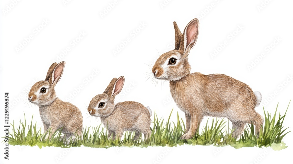Obraz premium Detailed Illustration of Three Cute Rabbits in Green Grass Setting