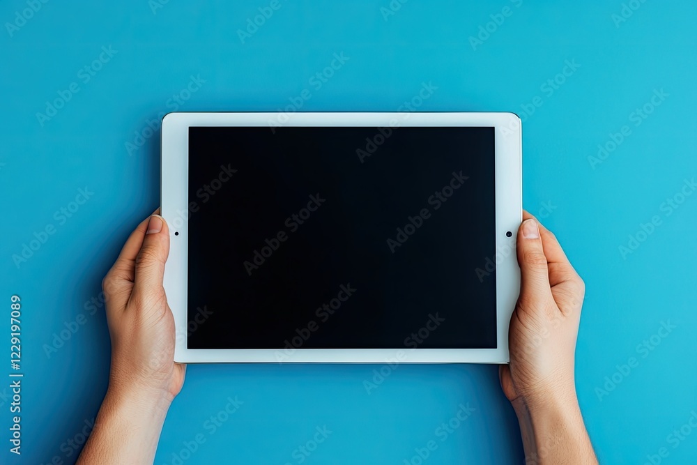 Ultra Quality Image of Close Up Hands Holding Horizontal Ipad Tablet in Blue Background Ultra Quality Image of Close Up Hands Holding Horizontal Ipad Tablet in Blue Background