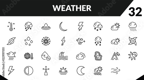 outline weather icons set. editable linear thundersnow, deluge, new moon, and other 29 icons in this category isolated on transparent background.