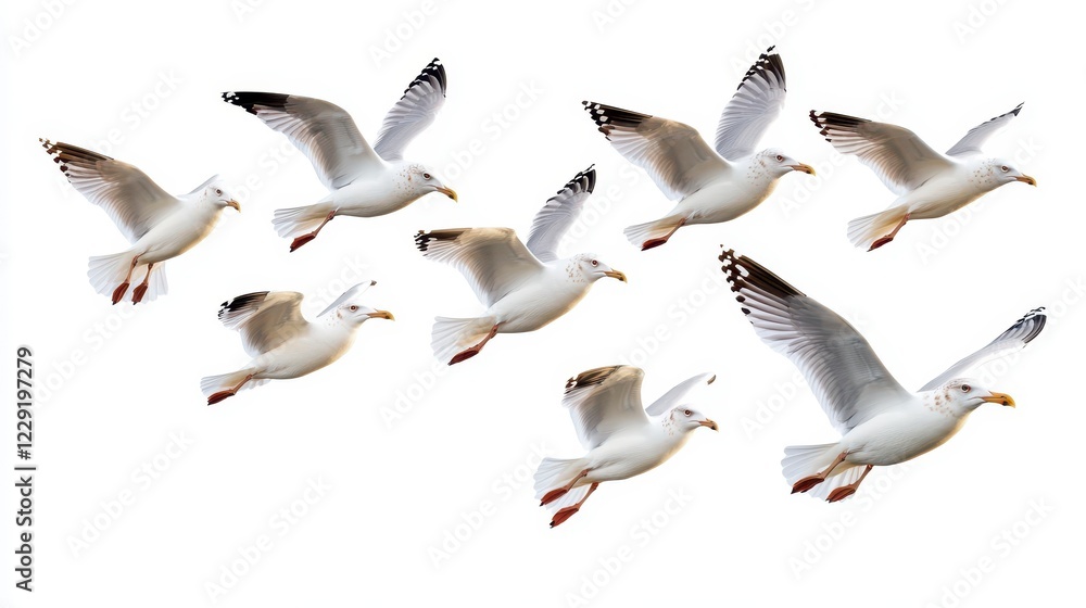Obraz premium Seagulls Flying Against White Background in Various Positions