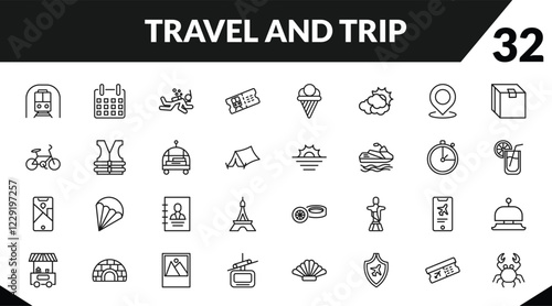 outline travel and trip icons set. editable linear date, scuba diving, train ticket, and other 29 icons in this category isolated on transparent background.