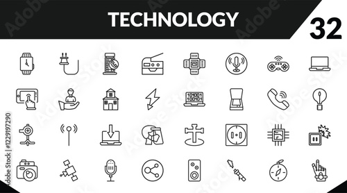 outline technology icons set. editable linear basic plug, phone box, photocopier, and other 29 icons in this category isolated on transparent background.