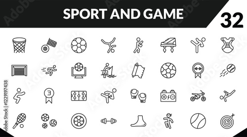 outline sport and game icons set. editable linear motor sports, football ball, breakdance, and other 29 icons in this category isolated on transparent background.