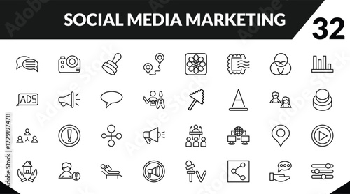 outline social media marketing icons set. editable linear big photo camera, stamps, path, and other 29 icons in this category isolated on transparent background.