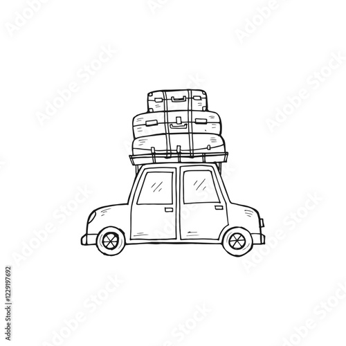 Doodle car carrying a stack of bags traveling on a road trip doodle cartoon vector.
