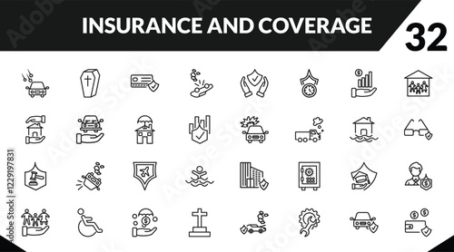 outline insurance and coverage icons set. editable linear coffin, payment protection, overturned vehicle, and other 29 icons in this category isolated on transparent background.