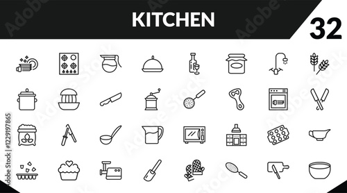 outline kitchen icons set. editable linear stove, coffee pot, platter, and other 29 icons in this category isolated on transparent background.