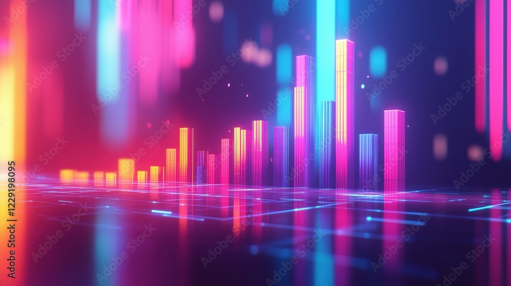 Fototapeta premium Vibrant digital bar chart with neon pink and blue colors. Futuristic data visualization and analytics concept
