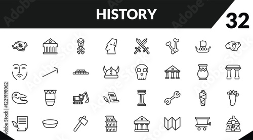 outline history icons set. editable linear museum, skeleton, moais, and other 29 icons in this category isolated on transparent background.