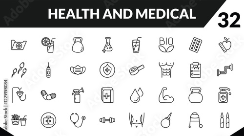 outline health and medical icons set. editable linear orange juice, dumbbell, medical substance, and other 29 icons in this category isolated on transparent background.